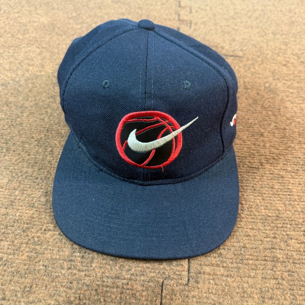 Vintage Nike Basketball Snapback Hat Navy Blue Swoosh Logo Green Underbrim 90s